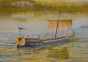 Painting of a keel boat on Missouri River
